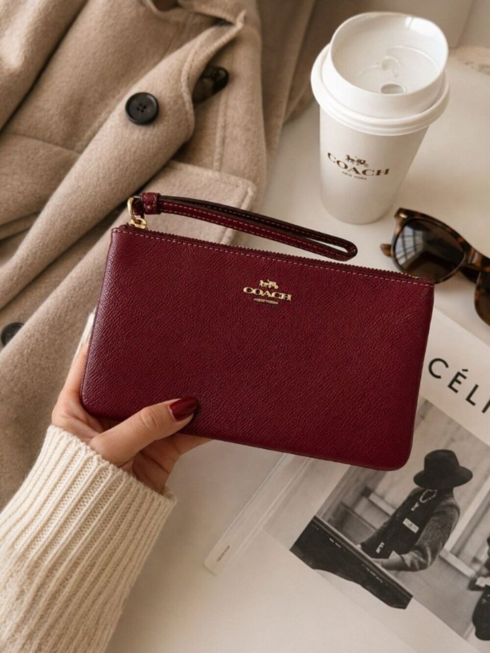 Coach Oxblood Pebbled Leather Wristlet Wallet Clutch Zip Pouch Burgundy Red - Picture 2 of 15